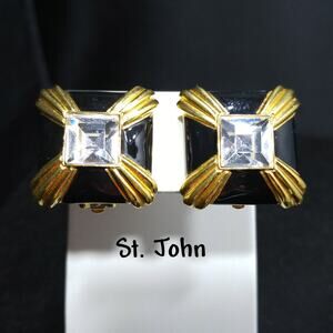 St. John Black Enamel Gold Earrings, Gold Plated, 1980s Vintage Jewelry